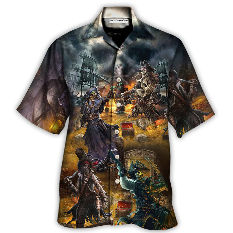 Skull Nautical Pirate Treasure Hunting Hawaiian Shirt Artwork View For Coastal Escapes And Resort Style