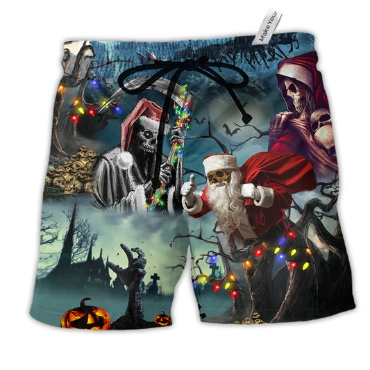 Chistmas Santa Claus Skull Hawaiian Print Beach Shorts For Seasonal Summer Travel