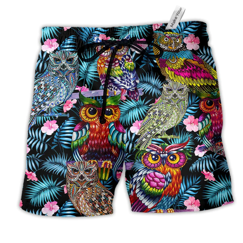 Owl And Flowers Colorful Hawaiian Print Beach Shorts For Sunny Holidays And Outdoor Wear