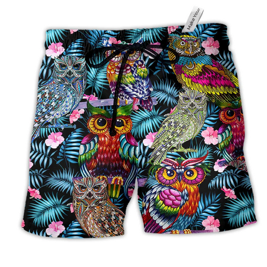 Owl And Flowers Colorful Hawaiian Print Beach Shorts For Sunny Holidays And Outdoor Wear