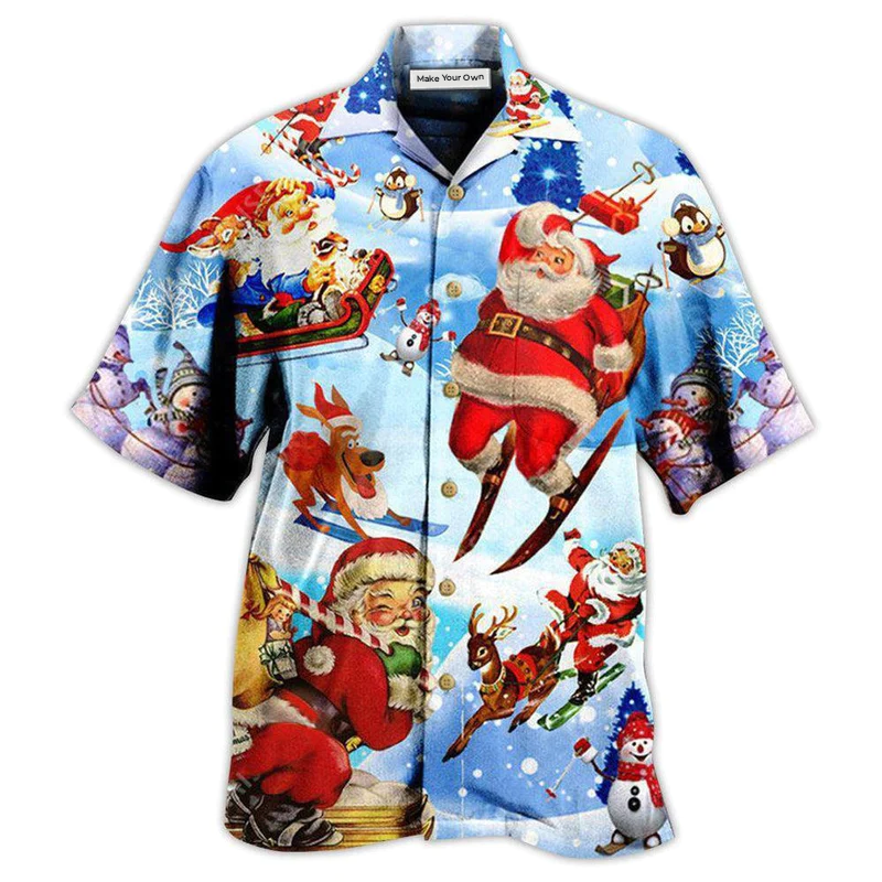 Festive Blue Christmas Skiing Hawaiian Shirt Artwork View For Weekend Travel And Beach Style
