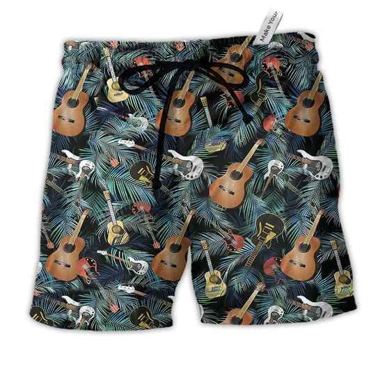 Tropical Leaf Guitar Beach Shorts For Casual Day Trips And Laid Back Styling