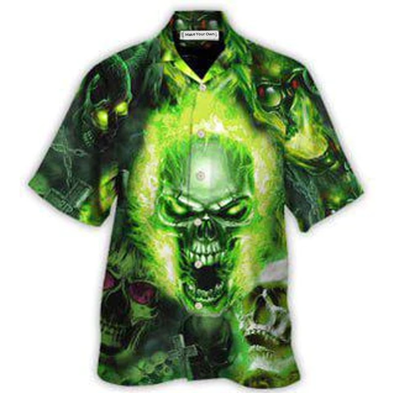 Green Skull Fear Man Hawaiian Shirt Pattern Detail For Vacation Travel And Daily Wear