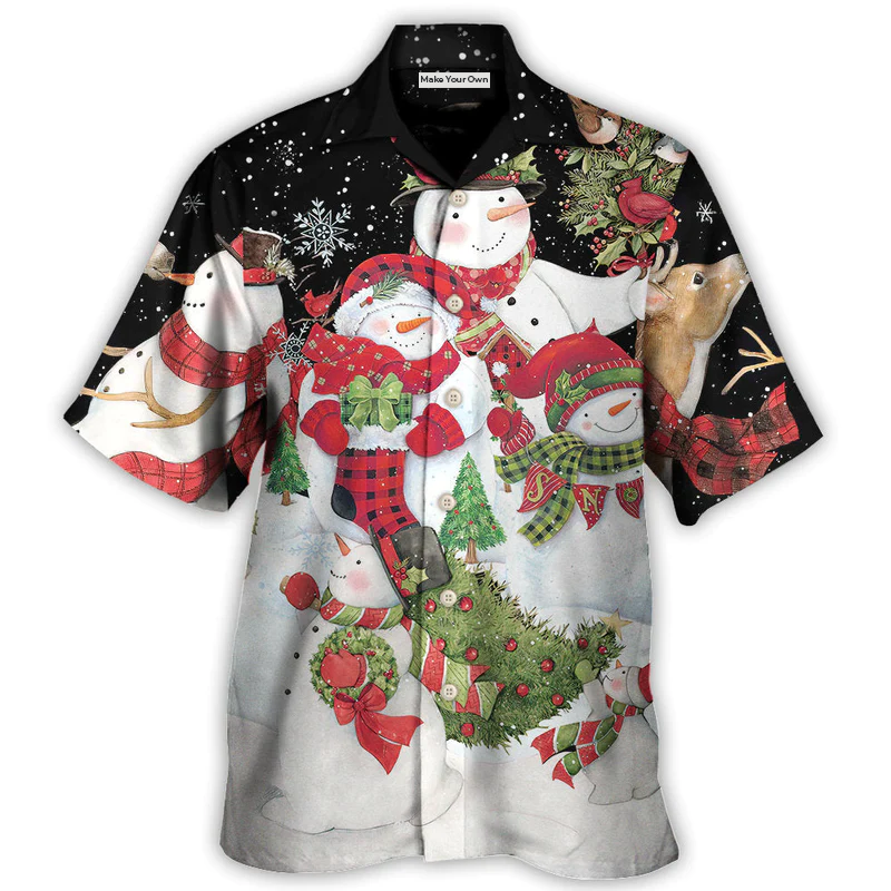 Cute Christmas Snowman Cardinal Hawaiian Shirt Summer Design Detail For Resort Wear