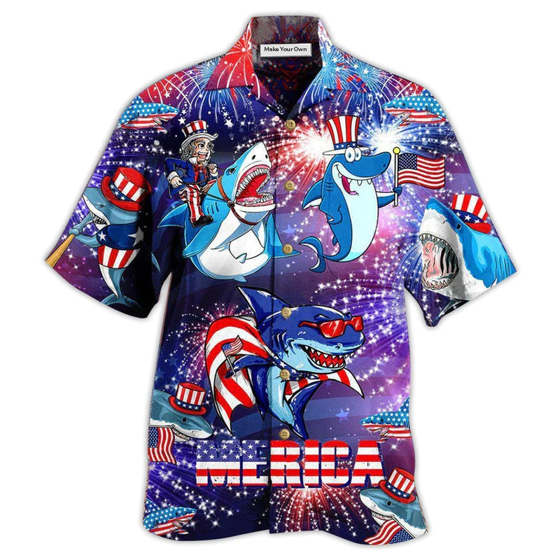 Patriotic Shark Merica Hawaiian Shirt Artwork View For Coastal Escapes And Resort Style