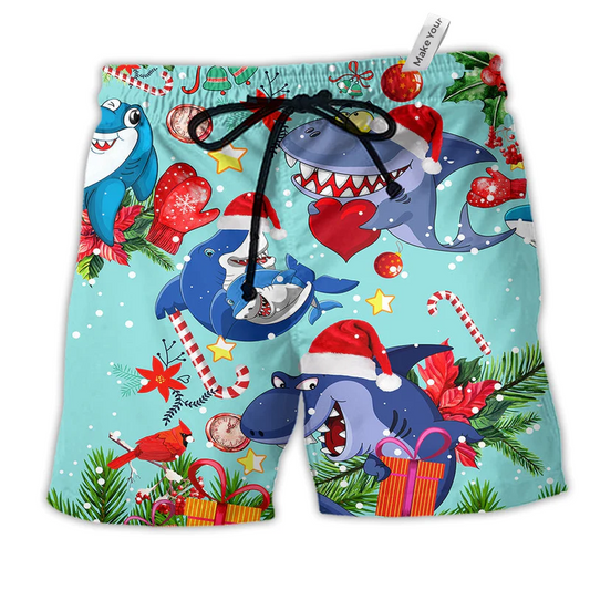 Shark Love Christmas In The Ocean Hawaiian Print Beach Shorts For Holiday Beach Days