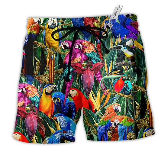 Tropical Parrot Beach Shorts For Summer Vacations And Easy Warm Weather Wear