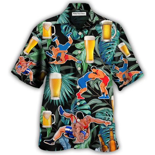 Tropical Beer Wrestling Hawaiian Shirt Artwork View For Weekend Travel And Beach Style