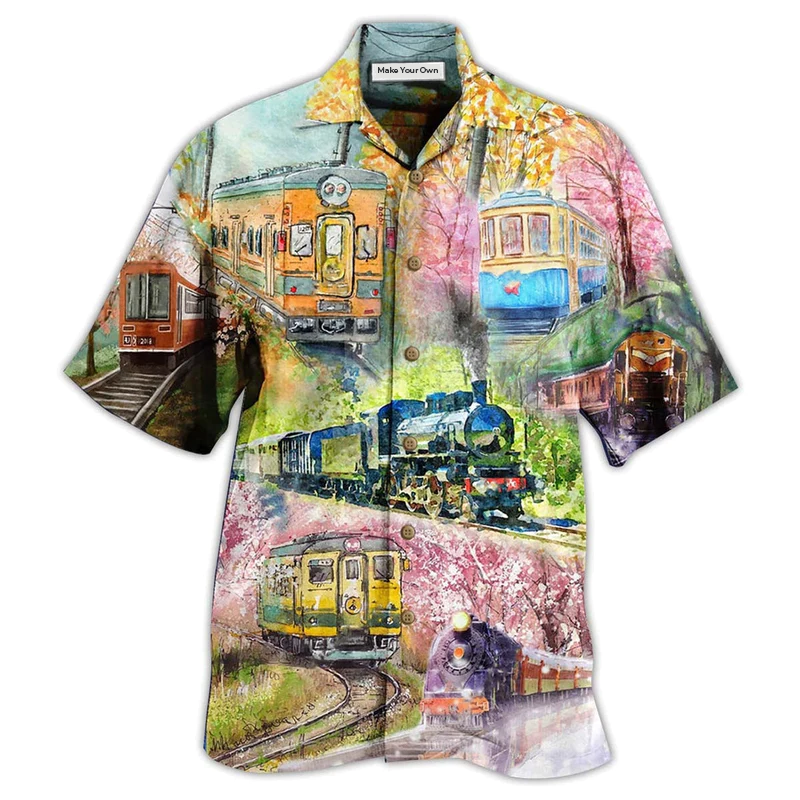 Floral Train Hawaiian Shirt Design View For Resort Travel And Thoughtful Gifting