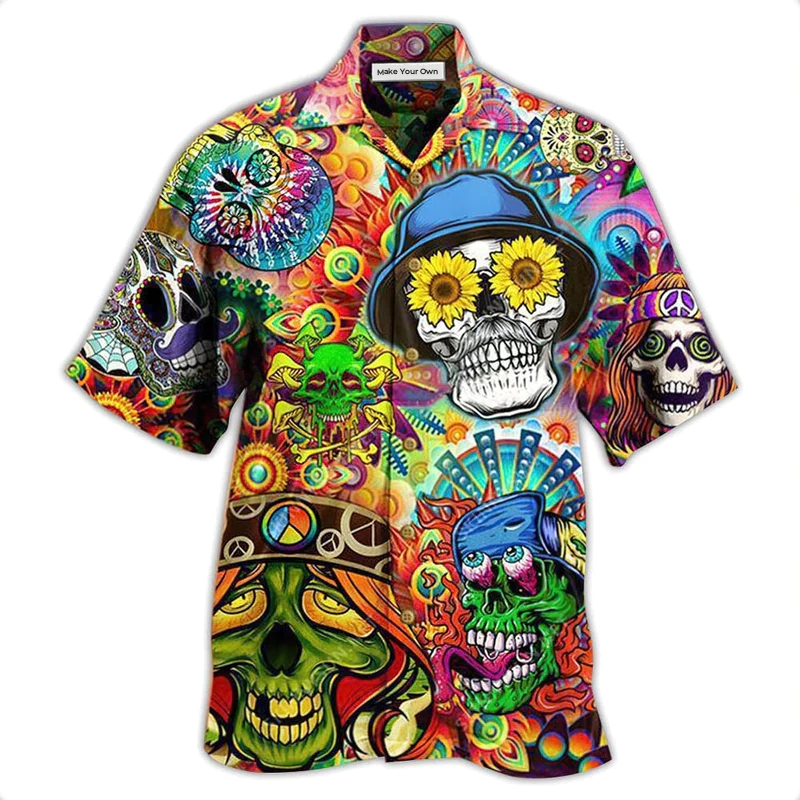Floral Hippie Peace And Skull Hawaiian Shirt For Beach Parties Vacation Travel And Relaxed Casual Style