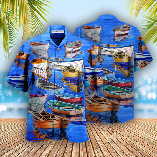 Blue Boat Hawaiian Shirt For Tropical Holiday Resort Parties And Everyday Style