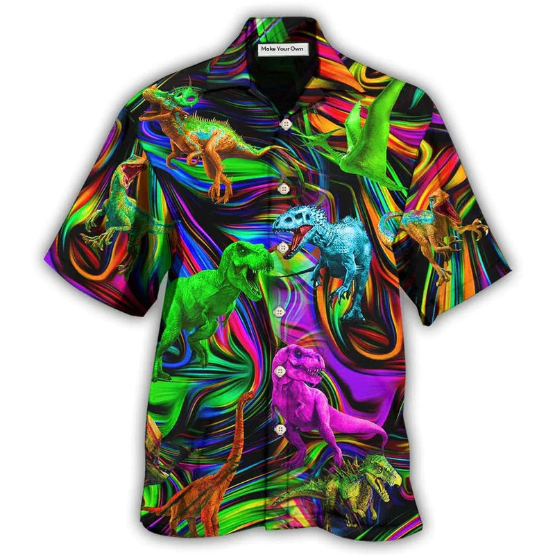 Colorful Dinosaur Summer Hawaiian Shirt Artwork View For Weekend Travel And Beach Style