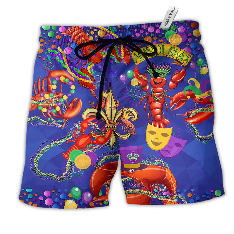 Shrimp Mardi Gras Love Animals Hawaiian Print Beach Shorts For Resort Trips And Poolside Style
