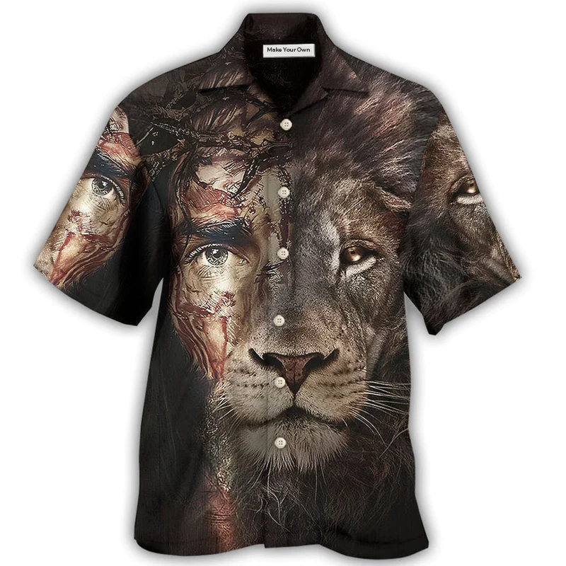 Lion Faith Hawaiian Shirt Artwork Detail For Tropical Trips And Casual Outings
