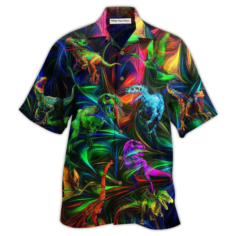 Neon Dinosaur Amazing Hawaiian Shirt Artwork Detail For Resort Trips And Outdoor Activities