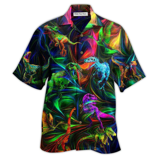 Neon Dinosaur Amazing Hawaiian Shirt Artwork Detail For Resort Trips And Outdoor Activities