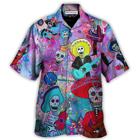 Floral Guitar Sugar Skull Hawaiian Shirt Design Detail For Beach Days And Holiday Travel