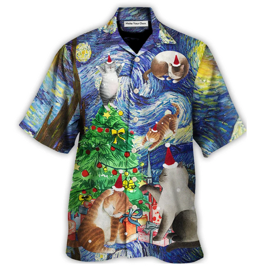 Cat Christmas Playing Starry Night Hawaiian Shirt Pattern View For Lightweight Everyday Style