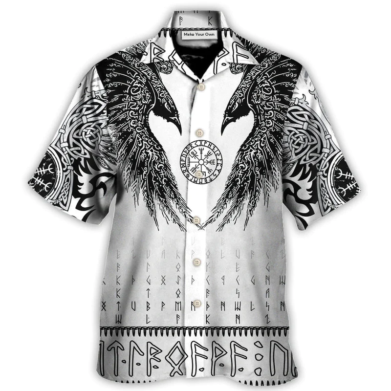 Black Norse Warrior Runic Raven Scandinavian Hawaiian Shirt Artwork View For Coastal Escapes And Resort Style