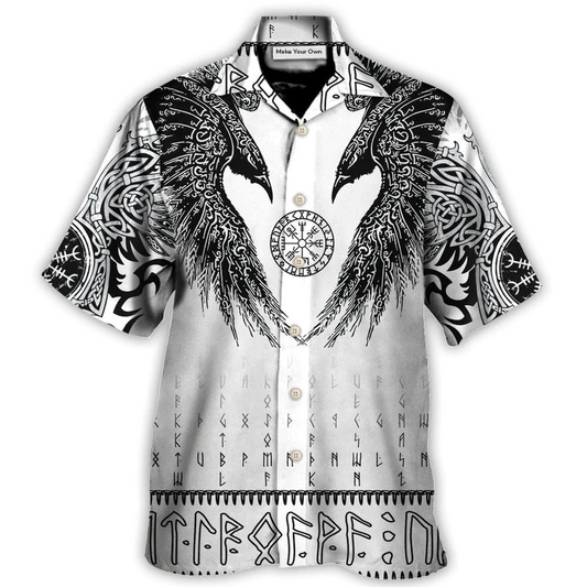 Black Norse Warrior Runic Raven Scandinavian Hawaiian Shirt Artwork View For Coastal Escapes And Resort Style