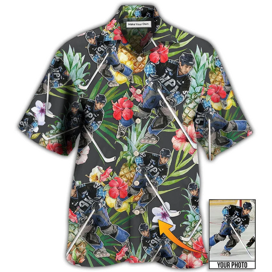Tropical Floral Hockey Pineapple Custom Photo Hawaiian Shirt Pattern View For Relaxed Warm Weather Outfits