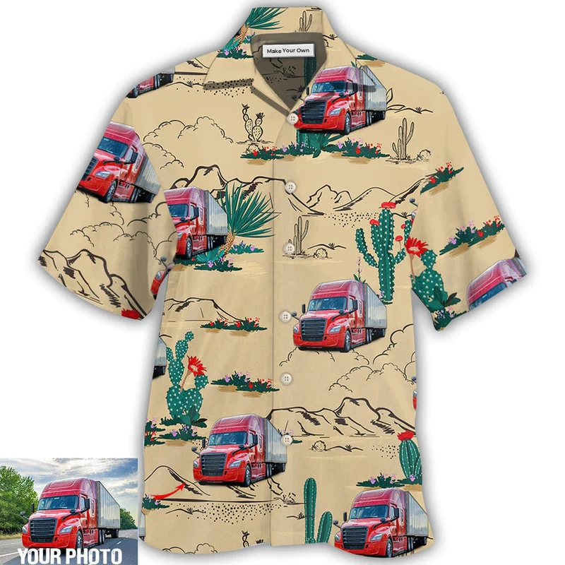 Truck Semi Trailer Cactus Desert Custom Photo Hawaiian Shirt Pattern View For Relaxed Warm Weather Outfits