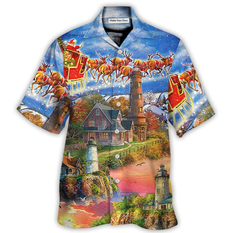 Lighthouse Christmas Santa Shine Hawaiian Shirt For Vacation Days And Relaxed Coastal Outings