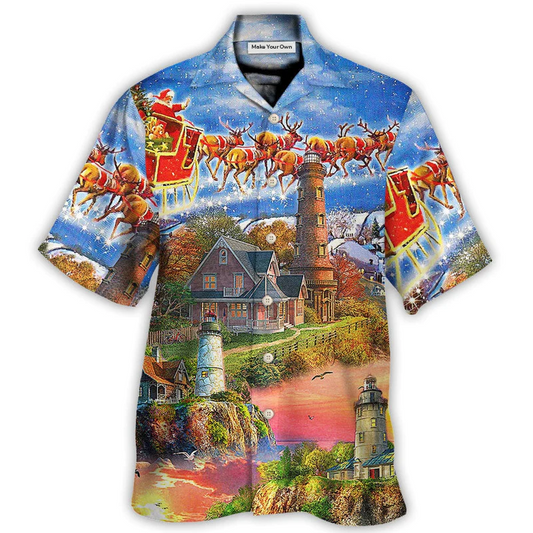 Lighthouse Christmas Santa Shine Hawaiian Shirt For Vacation Days And Relaxed Coastal Outings