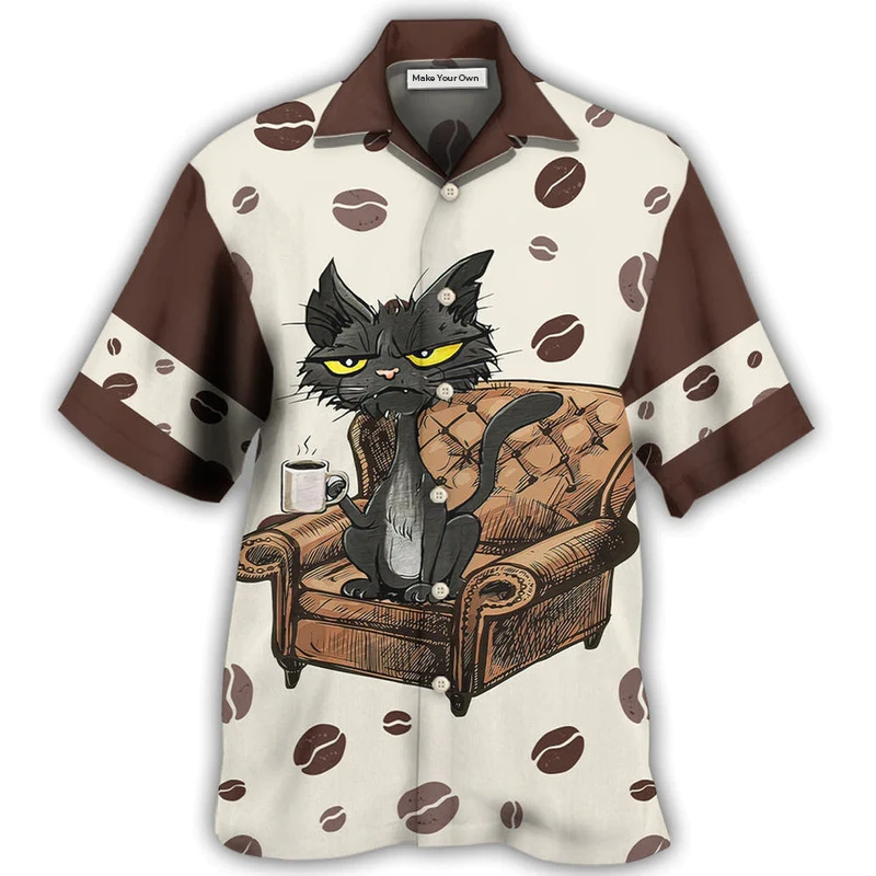 Black Coffee Cat Hawaiian Shirt Pattern View For Relaxed Warm Weather Outfits