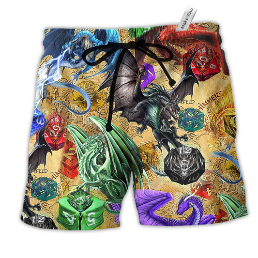 Colorful Dragon Fantasy Dice Beach Shorts For Holiday Cruises And Comfortable Daily Use