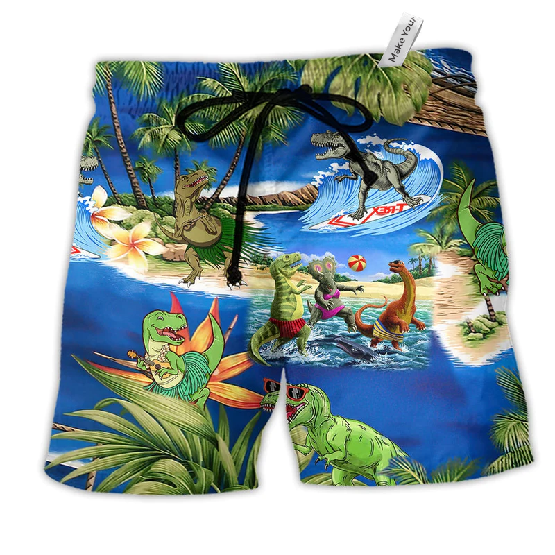 Dinosaur World In Summer Hawaiian Print Beach Shorts For Poolside Relaxation And Style