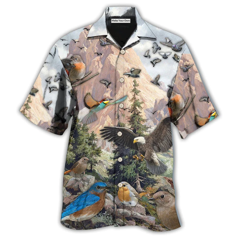 Tropical Bird And Mountain Landscape Hawaiian Shirt For Coastal Vacations Warm Weather Events And Daily Style