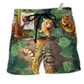 Cat And Tiger Tropical Leaves Hawaiian Print Beach Shorts For Island Getaways And Comfort