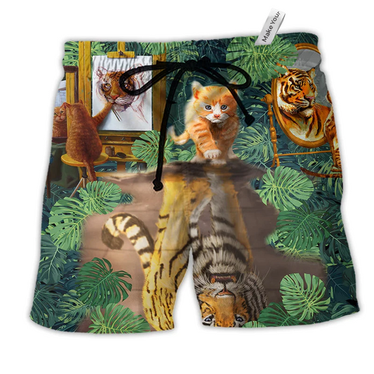 Cat And Tiger Tropical Leaves Hawaiian Print Beach Shorts For Island Getaways And Comfort