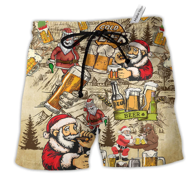Merry Xmas Love Beer Hawaiian Print Beach Shorts For Festive Vacation Wear