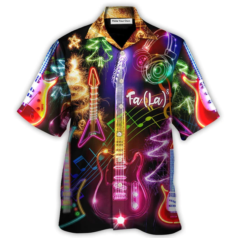Happy Guitar Christmas Tree Glow Light Hawaiian Shirt For Vacation Days And Relaxed Coastal Outings