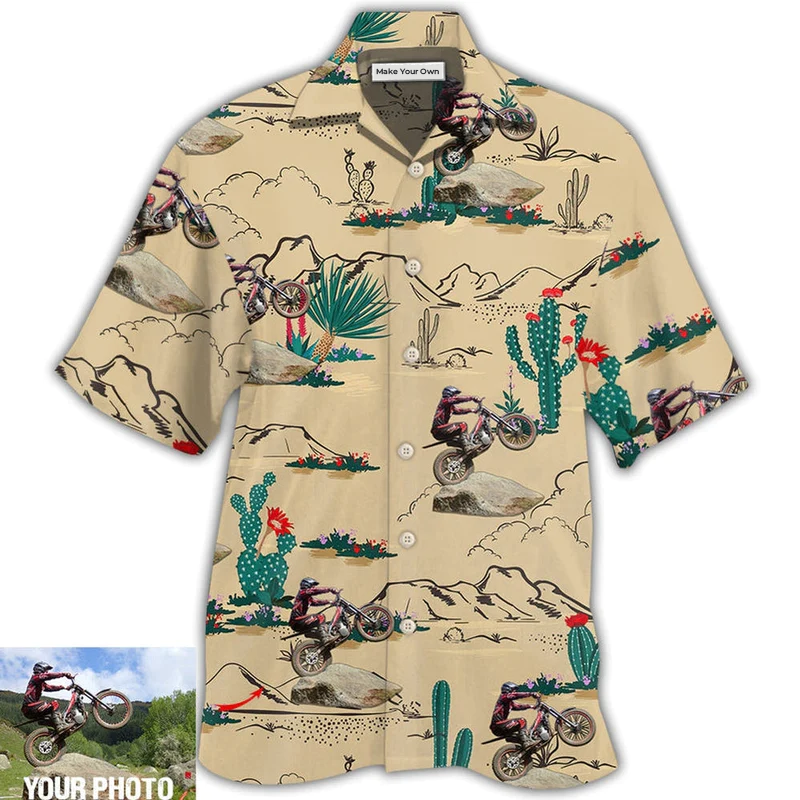 Motorcycle Trials Desert Mountain Custom Photo Hawaiian Shirt Artwork View For Coastal Escapes And Resort Style