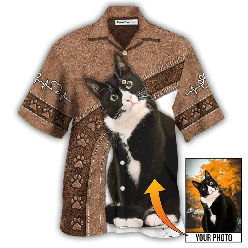 Black Cat Friend Custom Photo Hawaiian Shirt Artwork Detail For Resort Trips And Outdoor Activities