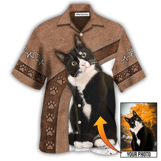 Black Cat Friend Custom Photo Hawaiian Shirt Artwork Detail For Resort Trips And Outdoor Activities