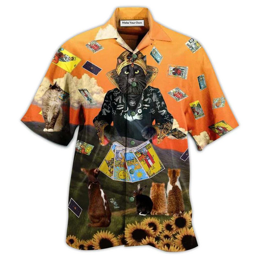 Cat Tarot Hawaiian Shirt Artwork Detail For Tropical Trips And Casual Outings