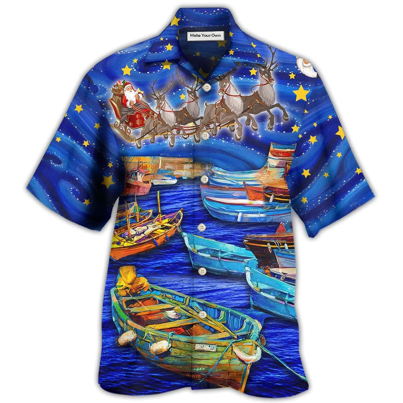 Christmas Boat Hawaiian Shirt For Tropical Holiday Resort Parties And Everyday Style