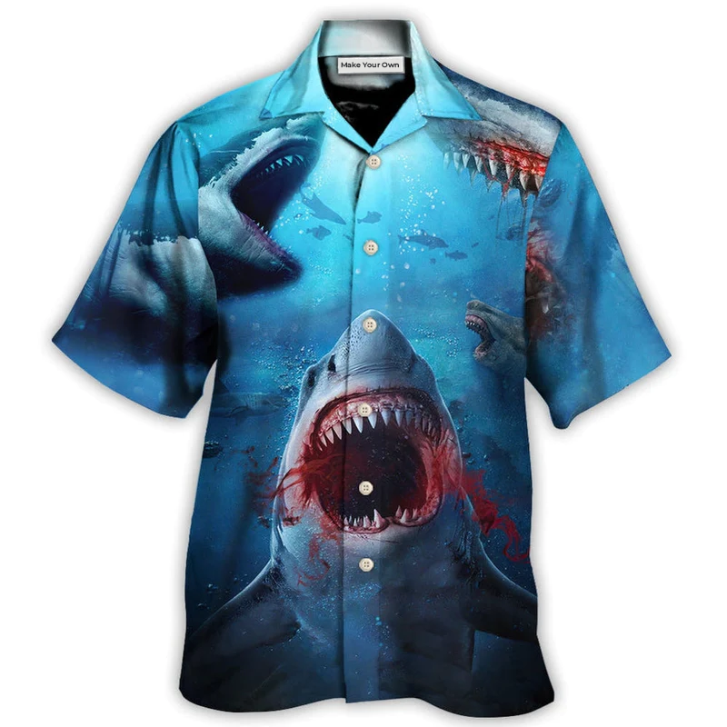 Red Shark Bites Sea Hawaiian Shirt Artwork View For Coastal Escapes And Resort Style