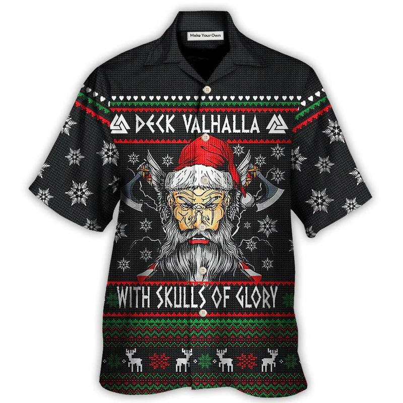 Skull Christmas Deck Valhalla Glory Hawaiian Shirt Design Detail For Beach Days And Holiday Travel