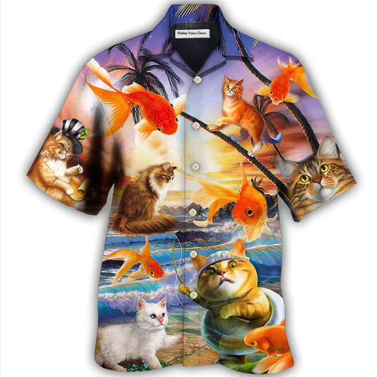 Cat Catchs Fish Hawaiian Shirt For Summer Events And Casual Outdoor Wear