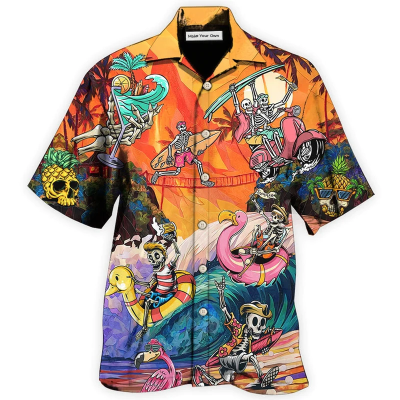 Colorful Skull Wave Hawaiian Shirt Artwork Detail For Tropical Trips And Casual Outings