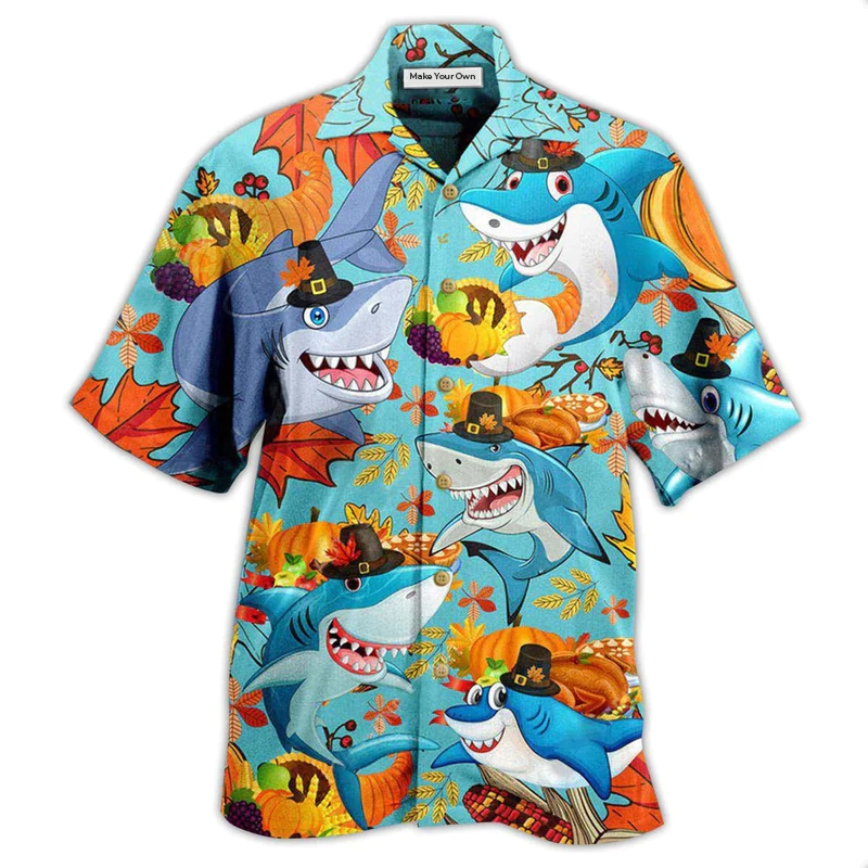 Funny Shark Thanksgiving Hawaiian Shirt Artwork View For Weekend Travel And Beach Style