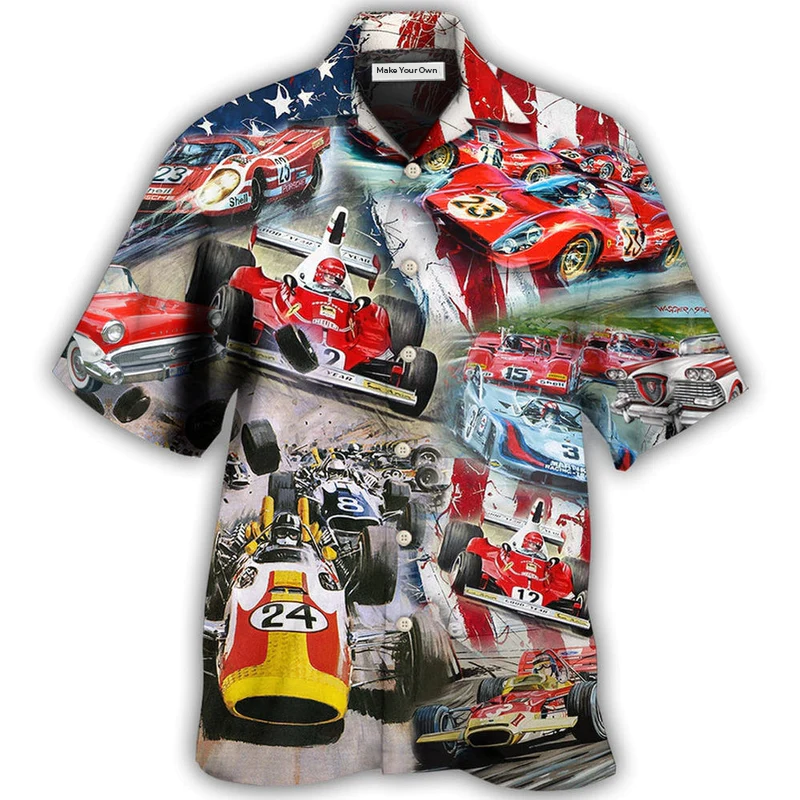 Car Racing Independence Day American Hawaiian Shirt Artwork Detail For Resort Trips And Outdoor Activities