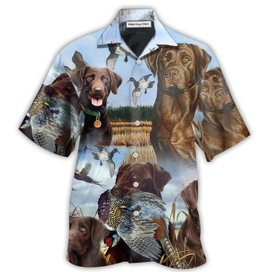 Blue Hunting Chocolate Labrador Retriever Sky Hawaiian Shirt Artwork View For Coastal Escapes And Resort Style