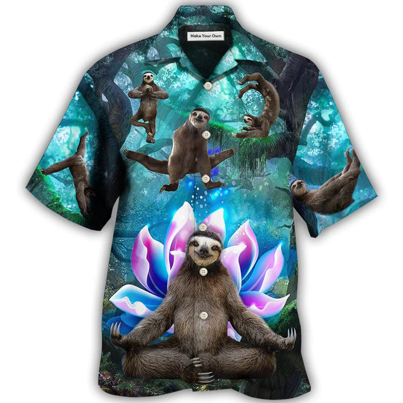 Floral Sloth Yoga Pose Forest Lotus Hawaiian Shirt Pattern Detail For Vacation Travel And Daily Wear