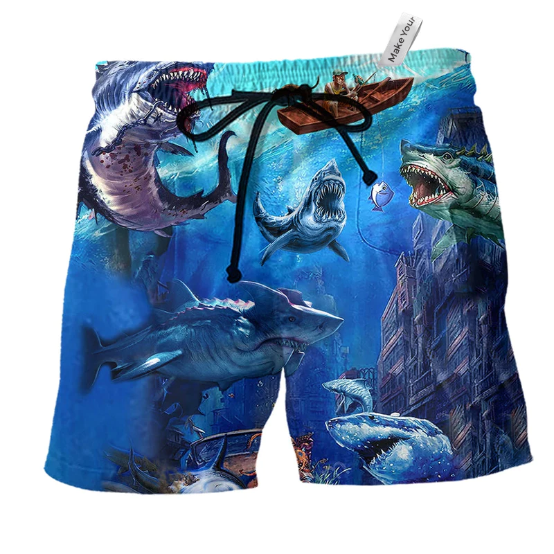 Shark Fishing Beach Shorts For Summer Vacations And Weekend Casual Style
